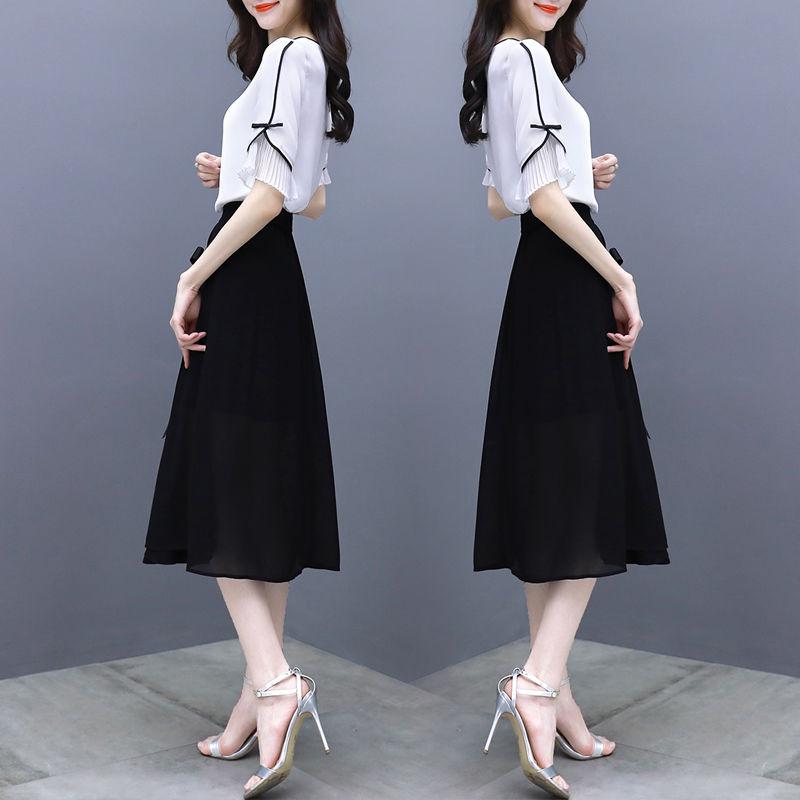 Women's Temperament Cold and Windy Two-piece Suit Skirt Mid-length Chiffon Dress Female Round Neck Short-sleeved Shirt Sweet