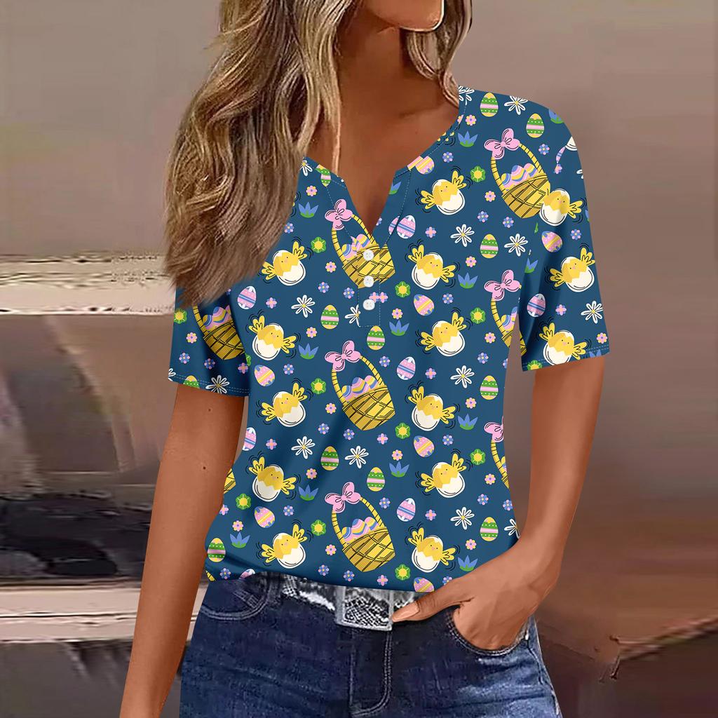 Women's Casual Print V-Neck Short Sleeve Decorative Button T-Shirt Top