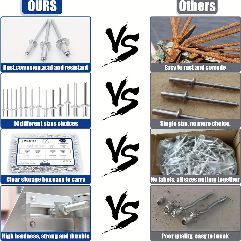 Набор алюминиевых вытяжных заклепок, 620 шт. - Доступно 14 размеров, включая вытяжные заклепки диаметром 1/8", 3/16", 3/32", 5/32"