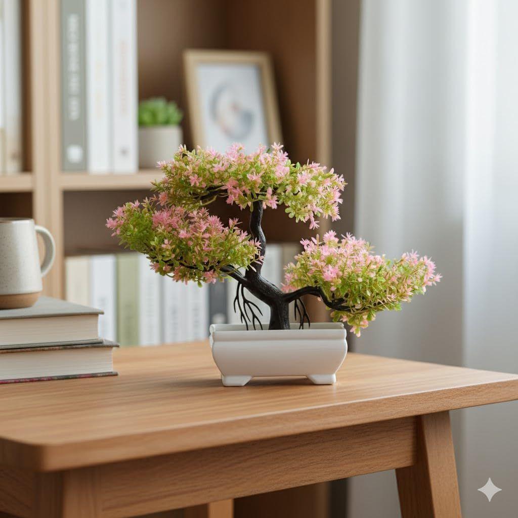 1 Pcs Artificial Small Bonsai Flower with Designer Pot | Realistic Looking - No Maintenance | Flower Pot for Home Decor,Office Decor, Table Decor.