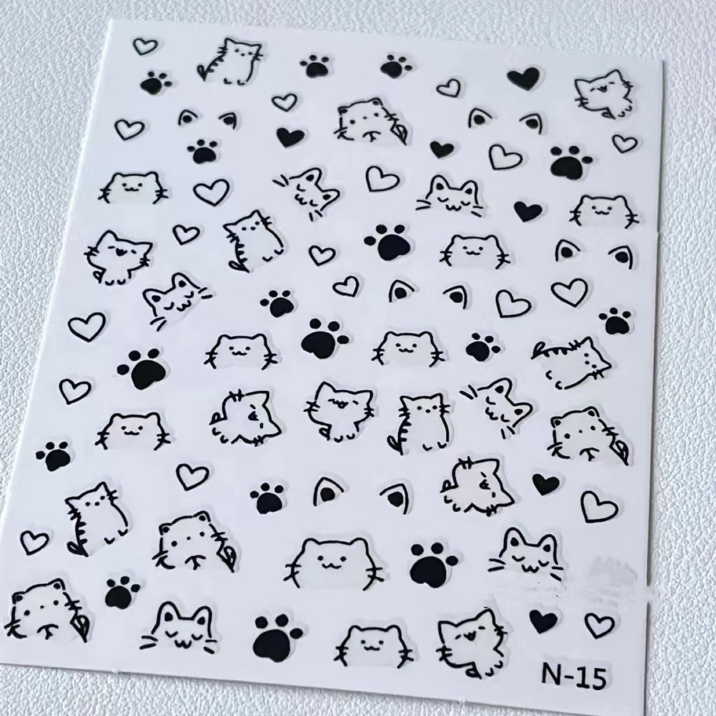 Cat Nail Stickers - Cute Cartoon Cat Paw & Heart Designs, Self-Adhesive Plastic Nail Art Decals for Hands & Feet, Y2K Kawaii Anime Style Semi