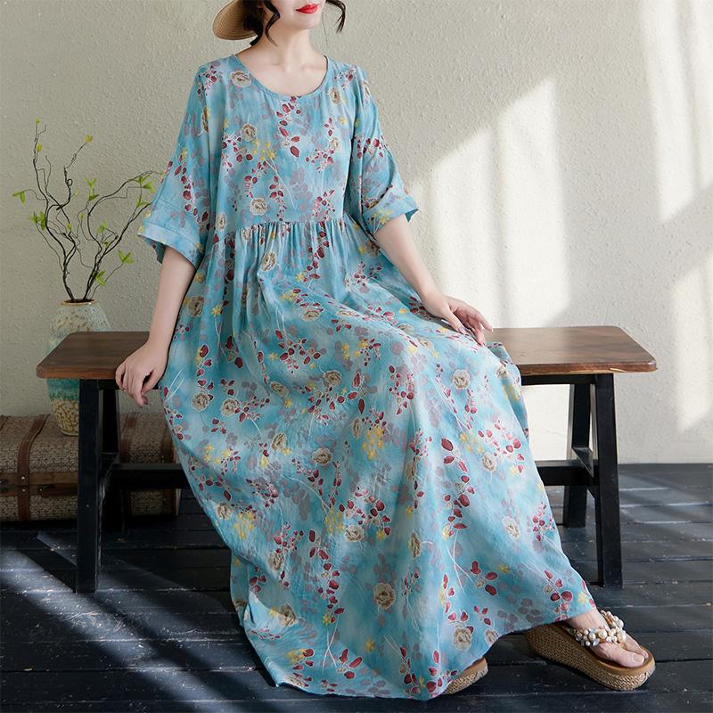 DIMANAF Plus Size 2025 Summer Long Dress Women Basic Linen Vintage O-Neck Beach Casual Dress Loose Dress Floral