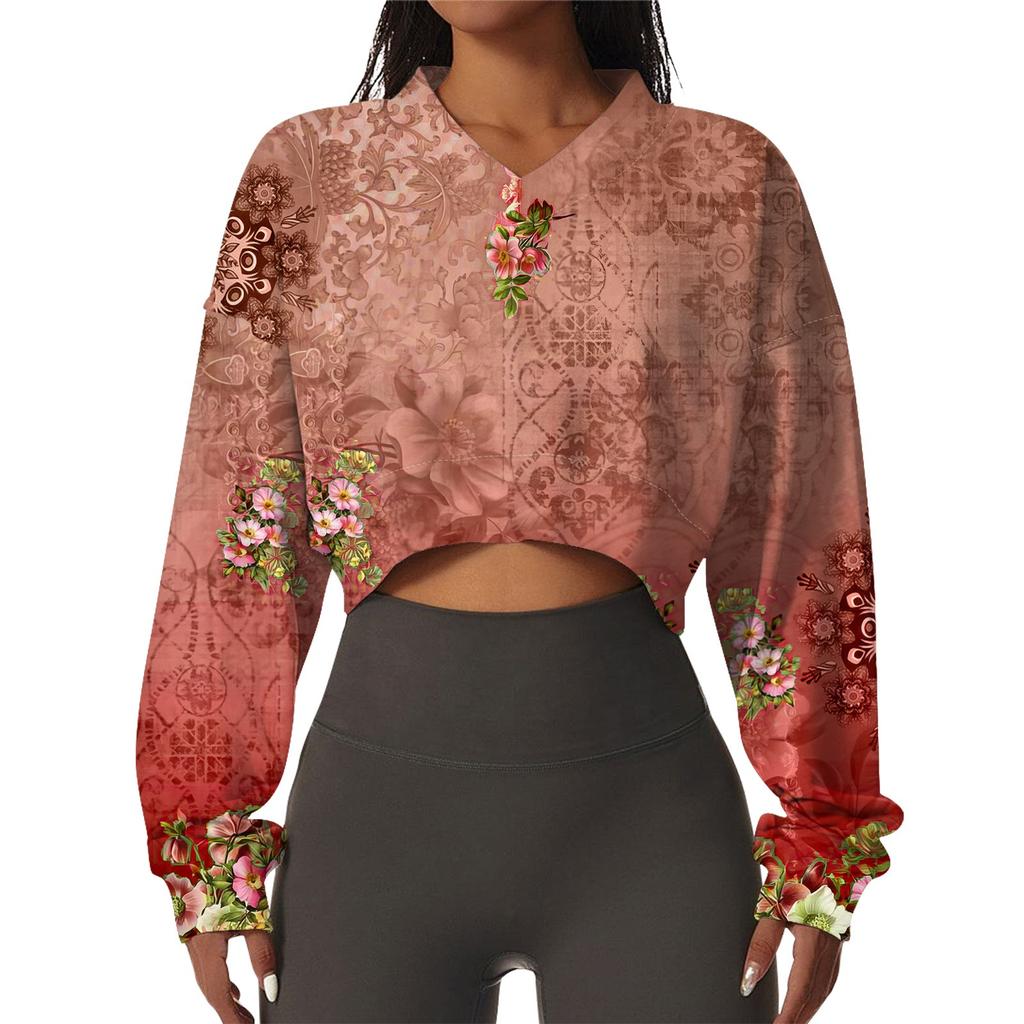 Женская повседневная модная сексуальная удобная спортивная толстовка с V-образным вырезом и длинным рукавом с цветочным принтом