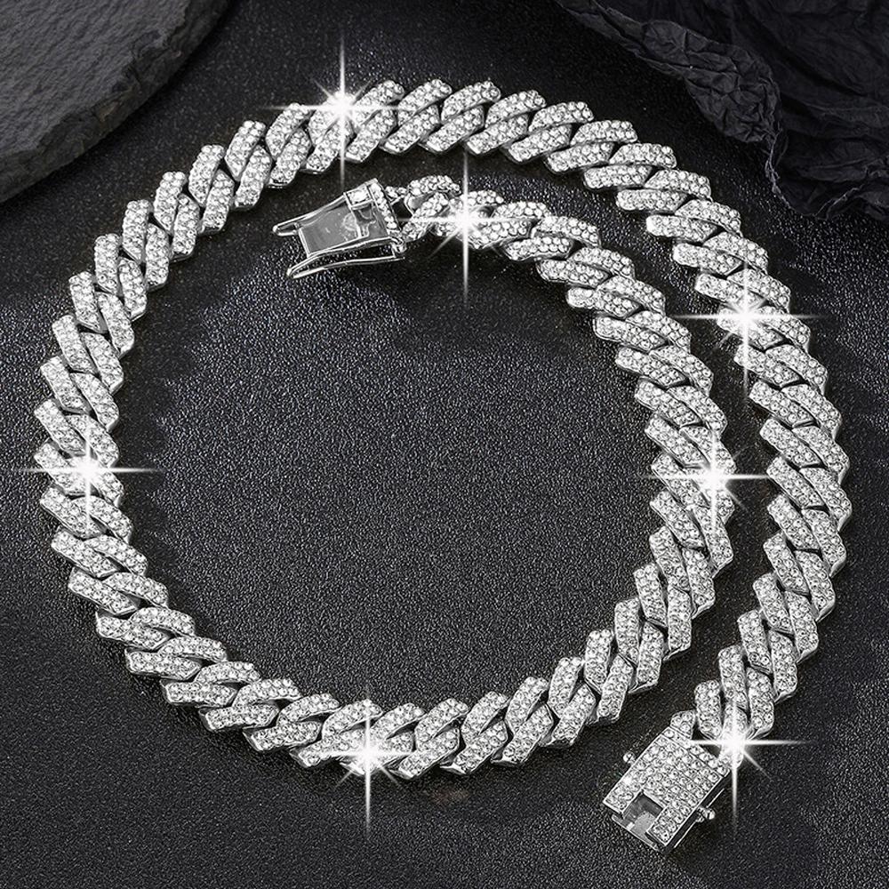 14mm Hip Hop Cuban Link Chain For Men Silver Color Iced Out Rhinestone Miami Necklace Choker for Women with Neck Chain Jewelry