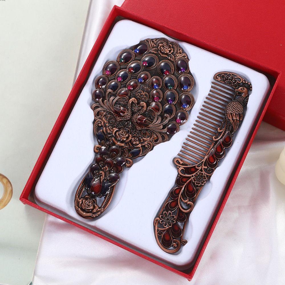 Hand-held Peacock Makeup Mirror Comb Set Portable Cosmetic Mirror Birthday Gift