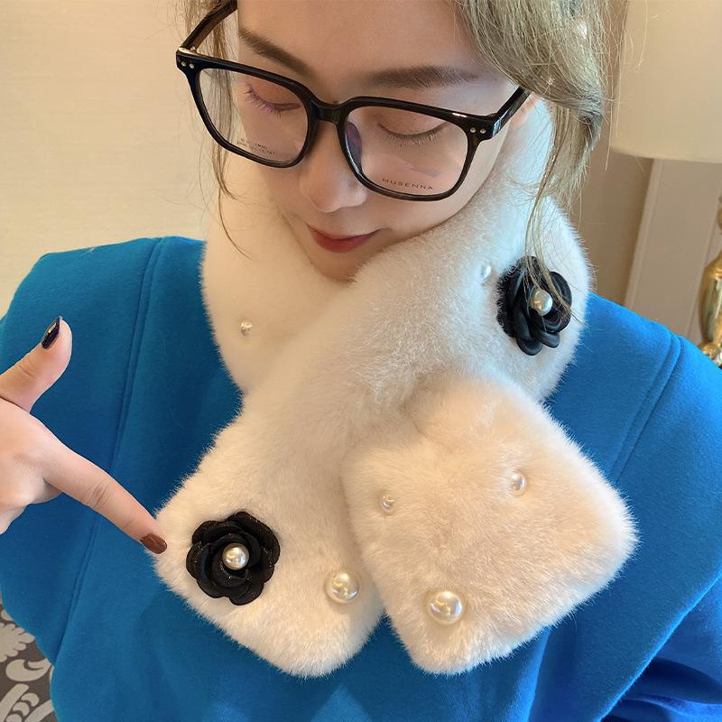Soft Furry Plaid Scarf Korean Style Label Japanese Autumn and Winter Ins Plush Girl Scarf Imitation Rex Rabbit Fur Thickened