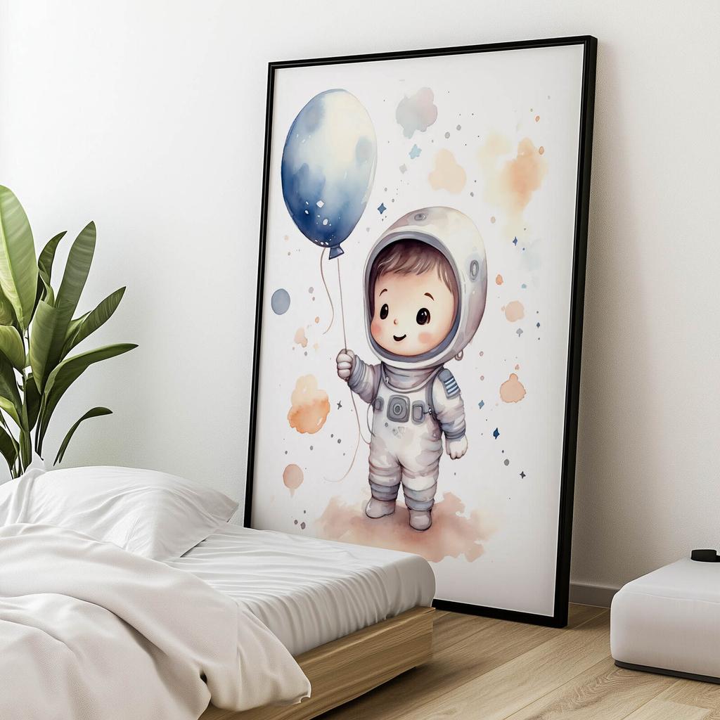 Journey Through the Stars With a Balloon In Hand Journey Through the Stars With a Balloon In Hand, 30X40 Cm, Light Oak Wooden Frame, Matte Paper 230 Gsm