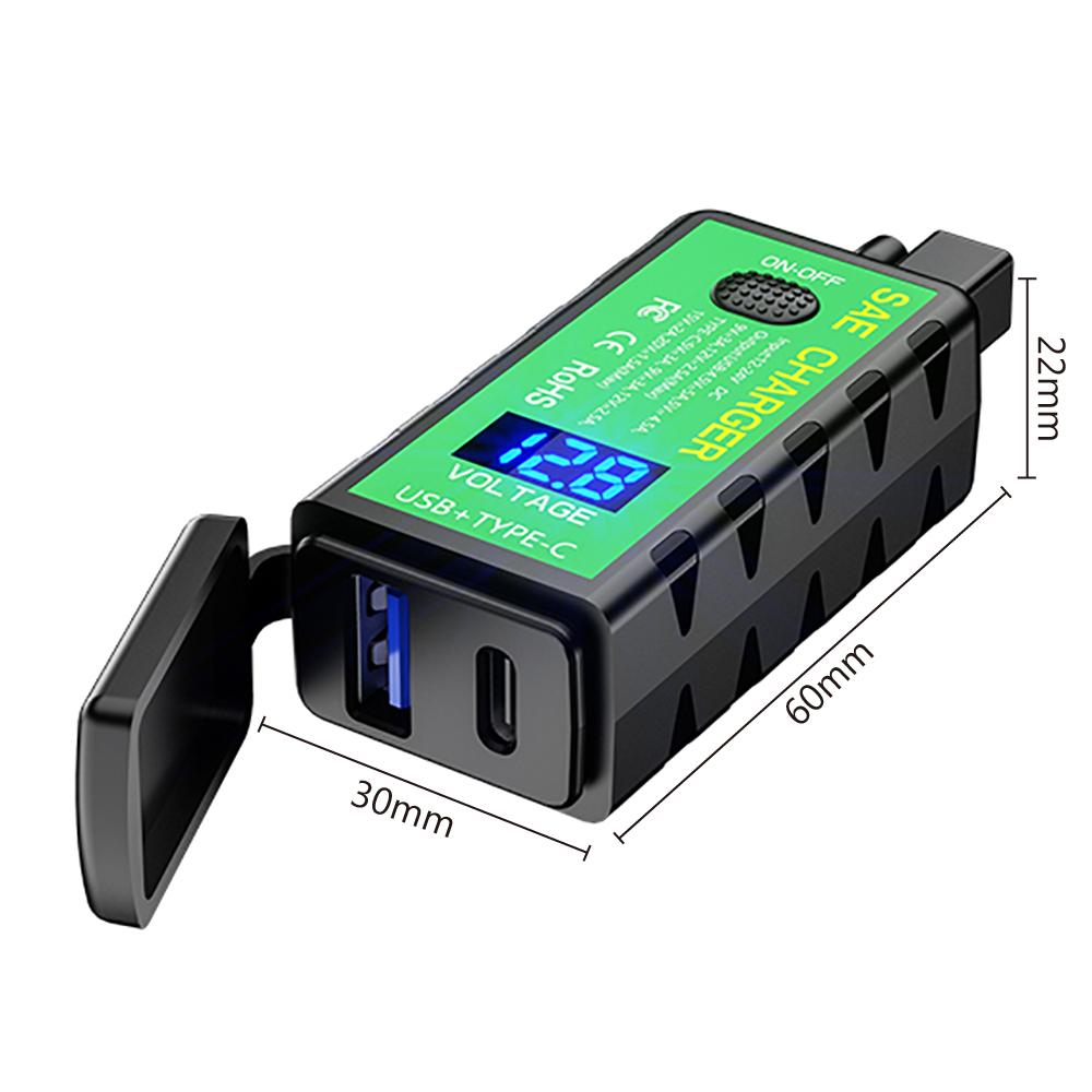 Motorcycle USB Charger for Phone 12V SAE to Dual USB Fast Charging Adapter with Voltmeter On/Off Switch 3.1A/4.8A TYPE-C