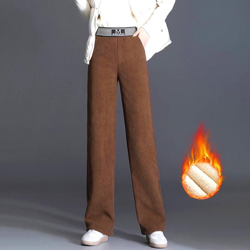 Женские свободные прямые брюки из овечьей шерсти с эластичной флисовой подкладкой, широкие брюки с высокой талией, модные