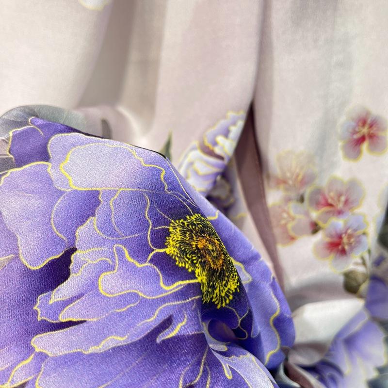 [Double Crepe Long Towel] Mulberry Silk Multifunctional Temperament Versatile Silk Sunscreen Women'S Silk Scarf Purple Peony