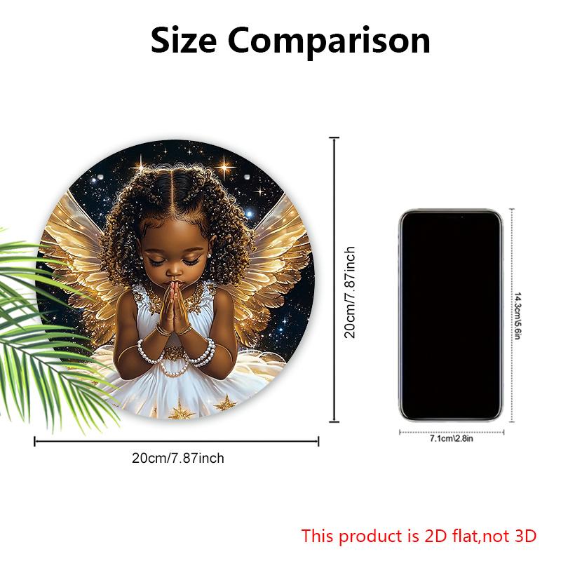 Деревянная табличка «Черный ангел с золотыми крыльями» - Круглая табличка «Ангел» для декора на дверь или стену - Идеальное домашнее подвесное украшение