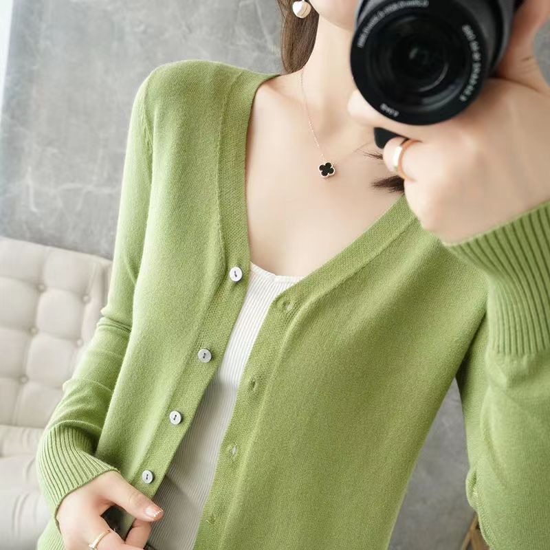 Women's V-Neck Knitted Cardigan Loose Slim Plus Size Sweater All-match Jacket Solid Color Basic Small Cardigans for Spring Autumn