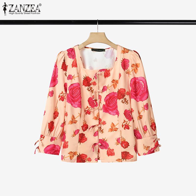ZANZEA Women Casual Square Neck Summer 3/4 Sleeve Floral Blouse