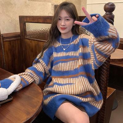 Красивая ленивая полосатая шуба из морского конька для женщин, мягкий и свободный вязаный свитер сверху