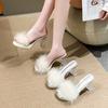 Fashion Slipper Ladies Summer New Open Toe Plush Fox Fur Chunky Flip Flops Sexy Family Party Square Toe Simple Heels Crystal