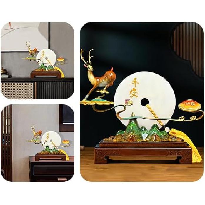 Exquisite Copper "Deer with Peace Buckle" Statue - New Chinese Style Feng Shui Decor for Good Luck & Harmony, Perfect Home or Office Ornament, Ideal