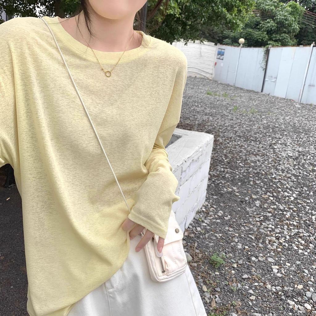 Женская прозрачная желтая футболка с длинными рукавами и солнцезащитным кремом — простая, свободная, с круглым вырезом