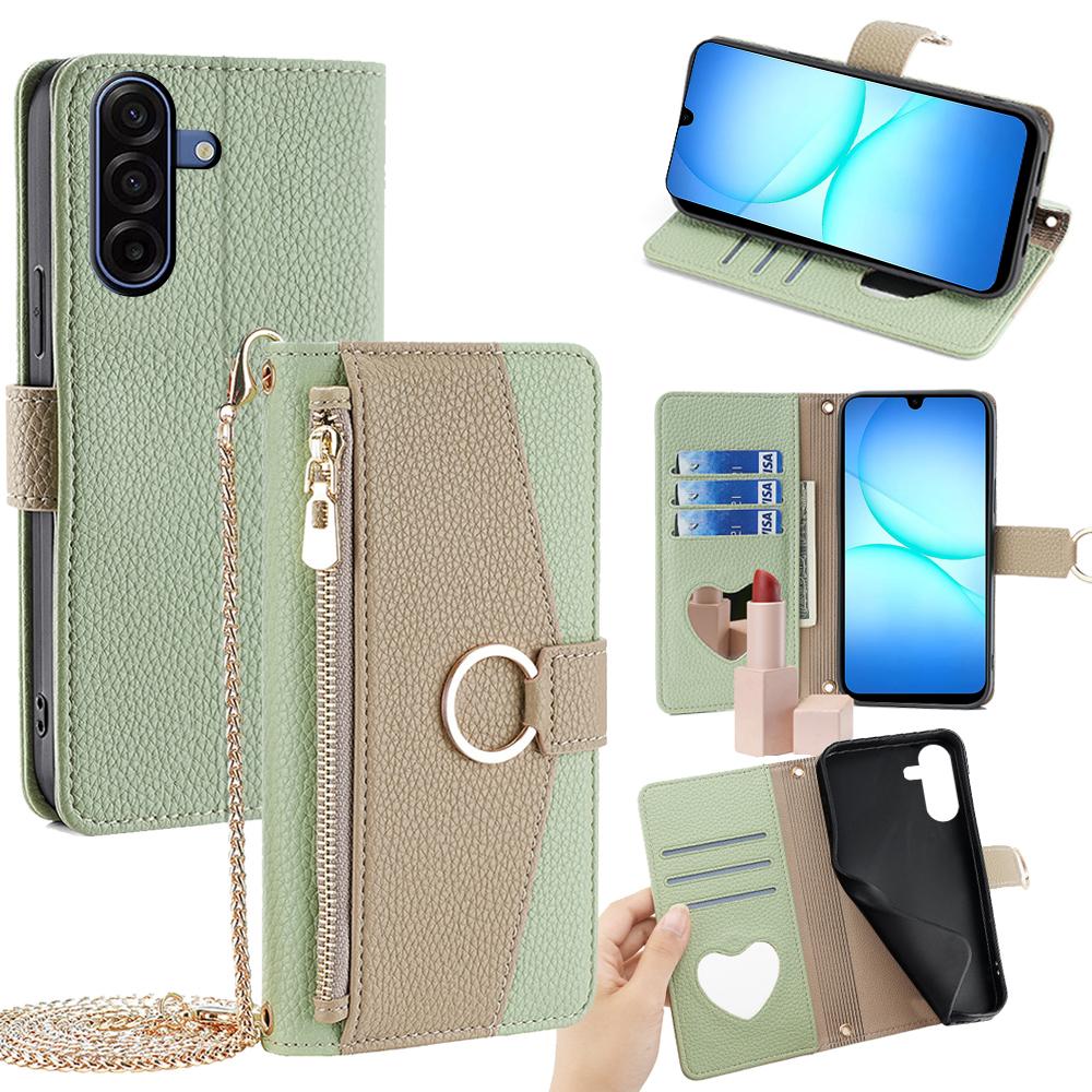 For Samsung Galaxy A17 5G Case Mirror Wallet Leather Phone Cover with Chain Shoulder Strap