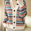 Fashion Casual Striped Cardigan Women's V-neck Casual Spring Autumn Vintage Jacquard Sweater Knitted Sweater Jacket
