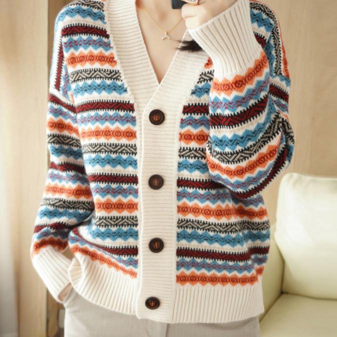 Fashion Casual Striped Cardigan Women's V-neck Casual Spring Autumn Vintage Jacquard Sweater Knitted Sweater Jacket