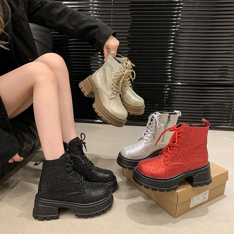 2024 Sequin Diamond Короткие сапоги Женские Осенне-Зимние Британские Модные Сапоги На Высоком Толстом Каблуке Ботинки На Шнуровке Повседневная Обувь Для Вечеринок На Открытом Воздухе