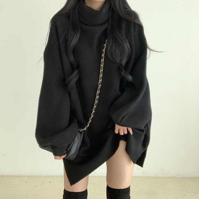 Women's Japanese-Inspired Black Turtleneck Sweater – Autumn and Winter Loose-Fit with Side Slits