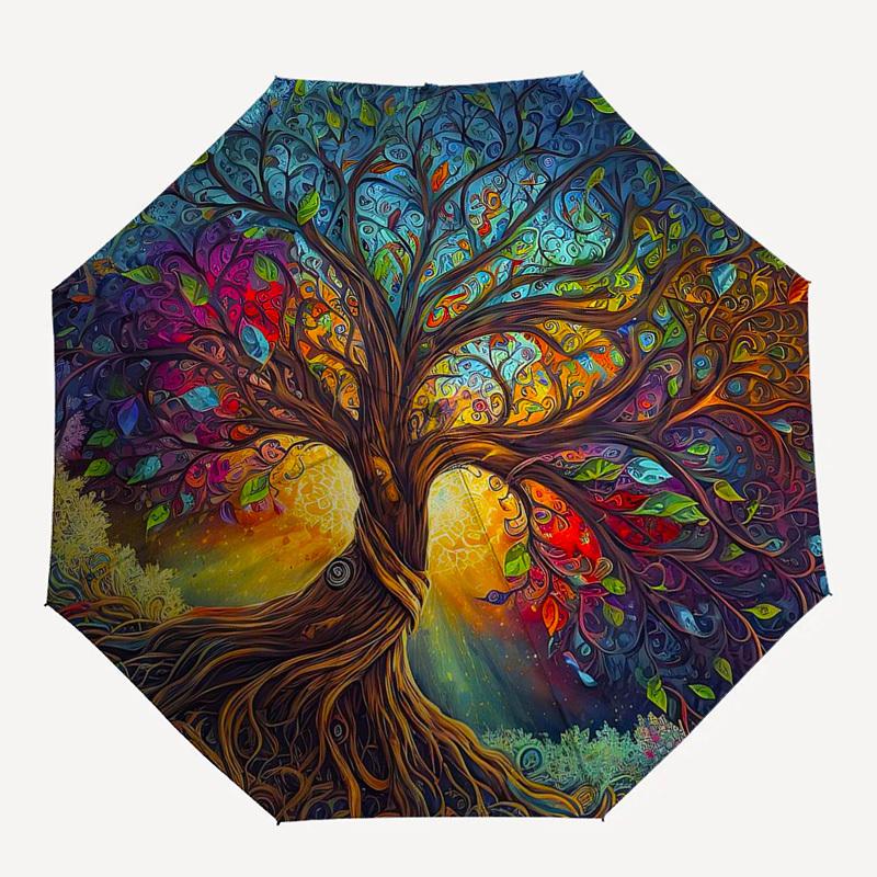 1pc Stained Glass Statue of Liberty Design Automatic Folding Umbrella, Portable 3-Fold Design, 8-Rib Iron Frame Outdoor Umbrella, Ideal Gift for Fans,
