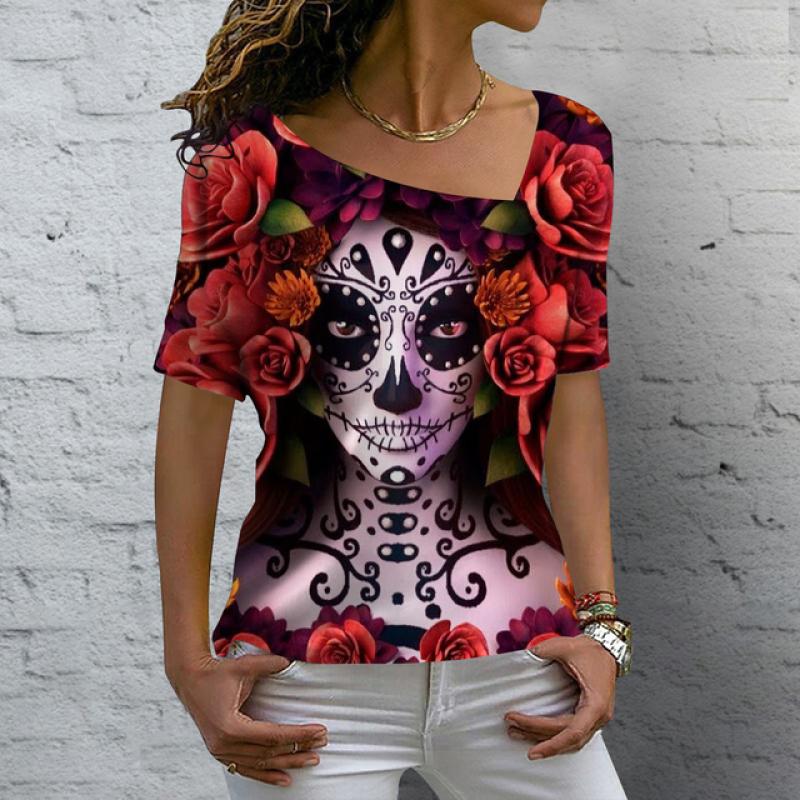 Лето 2023, винтажная женская футболка с изображением черепа, топы с v-образным вырезом, повседневный хлопковый пуловер с короткими рукавами, женская уличная одежда в стиле Харадзюку в стиле панк