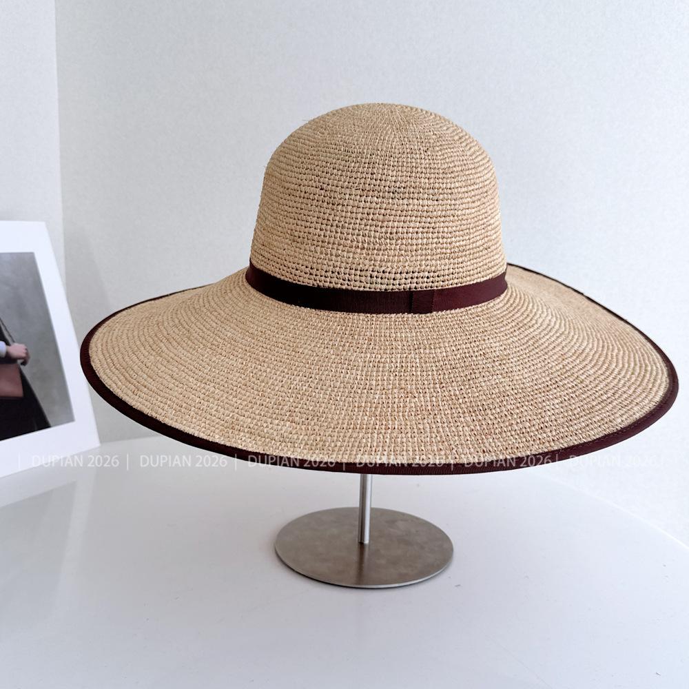 French Oversized Brimmed Hand Knitted Raffia Sun Hat Women Seaside Travel Sun Hat Elegant French Hepburn Style Sombrero