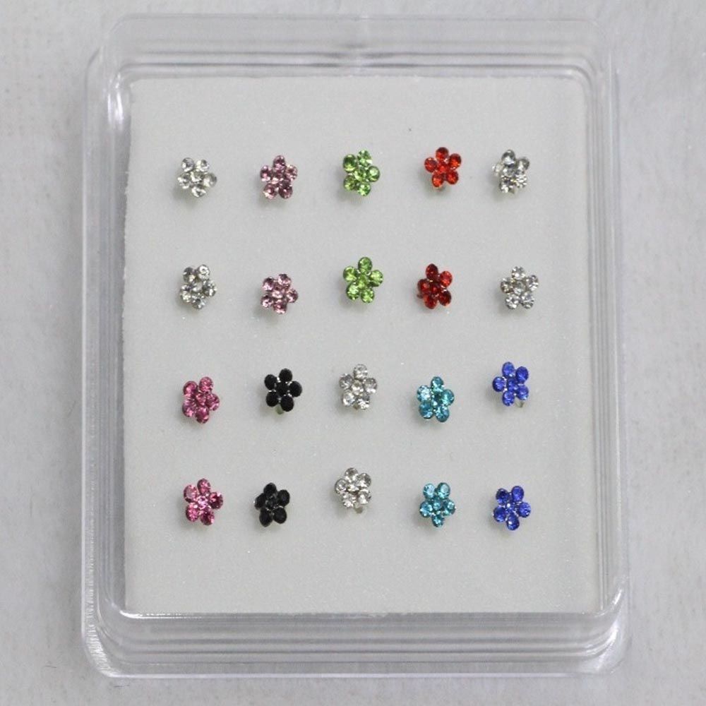 Silver 20PCS Fashion Stainless Steel Jewelry Nose Rings Gems Flower Body Piercing Nose Studs Ring
