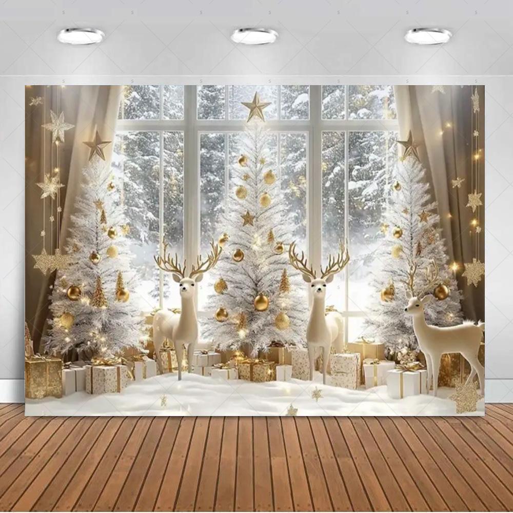 White Christmas Snow Scenery Background Xmas Tree Garland Gifts Photography Backdrop Family Xmas Party Decoration Photo Studio