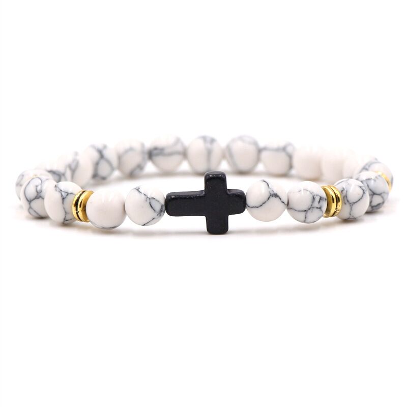 8MM Bright Frosted Stone Cross Bracelet Muticolor Beads Bangle for Women Men Fashion Pray Bracelets Jewelry Elastic Rope