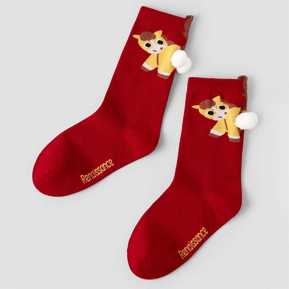 Cartoon Year of The Horse Socks Winter Autumn Red Tube Socks Cute Zodiac Year Socks  Women
