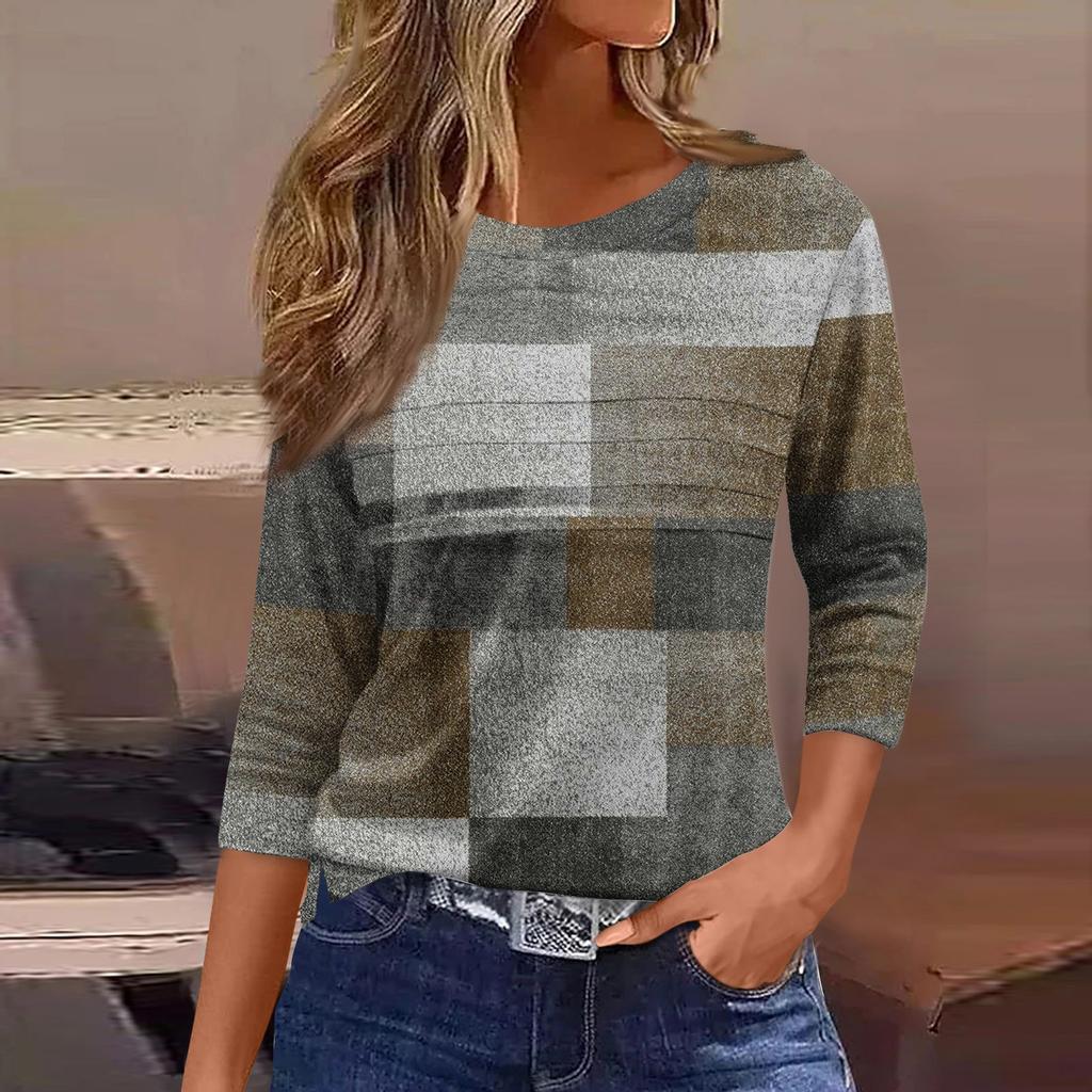 Женская мода повседневный свободный топ с рукавом 3/4 в полоску с круглым вырезом