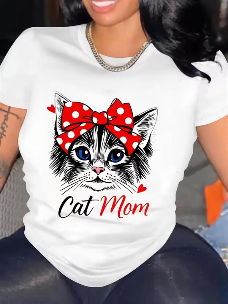 WomenS Funny for Cat Mom TShirt Cute for Cat Polka Dot Headband Graphic for Cat Mom Casual Loose Tshirt Ladies T Shirts