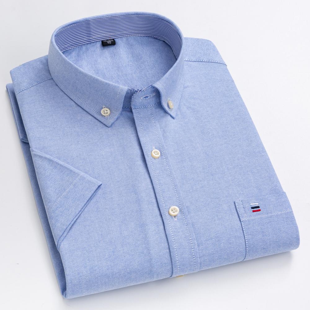 Мужская однотонная рубашка оксфорд из 100% хлопка, с коротким рукавом, на пуговицах, в стиле business casual, с нагрудным карманом