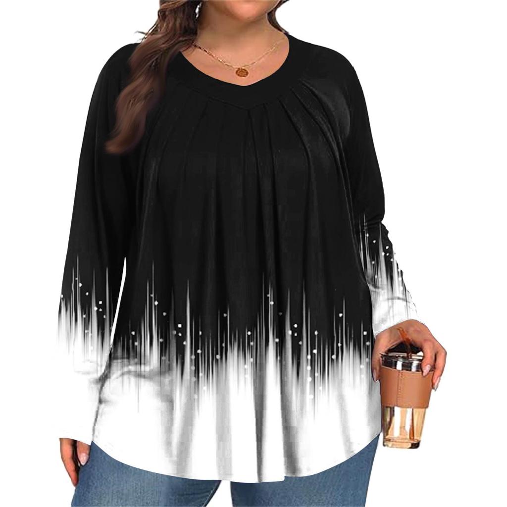 Женский модный топ большого размера с принтом, повседневный плиссированный, с круглым вырезом и длинными рукавами