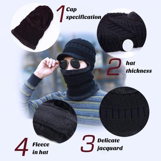 Men Winter Hat Sunshade Thermal Knitted Elastic Short Brim Full Protection Anti-slip Unisex Outdoor Camping Skiing Balaclava Cap Hat Scarf Integrated
