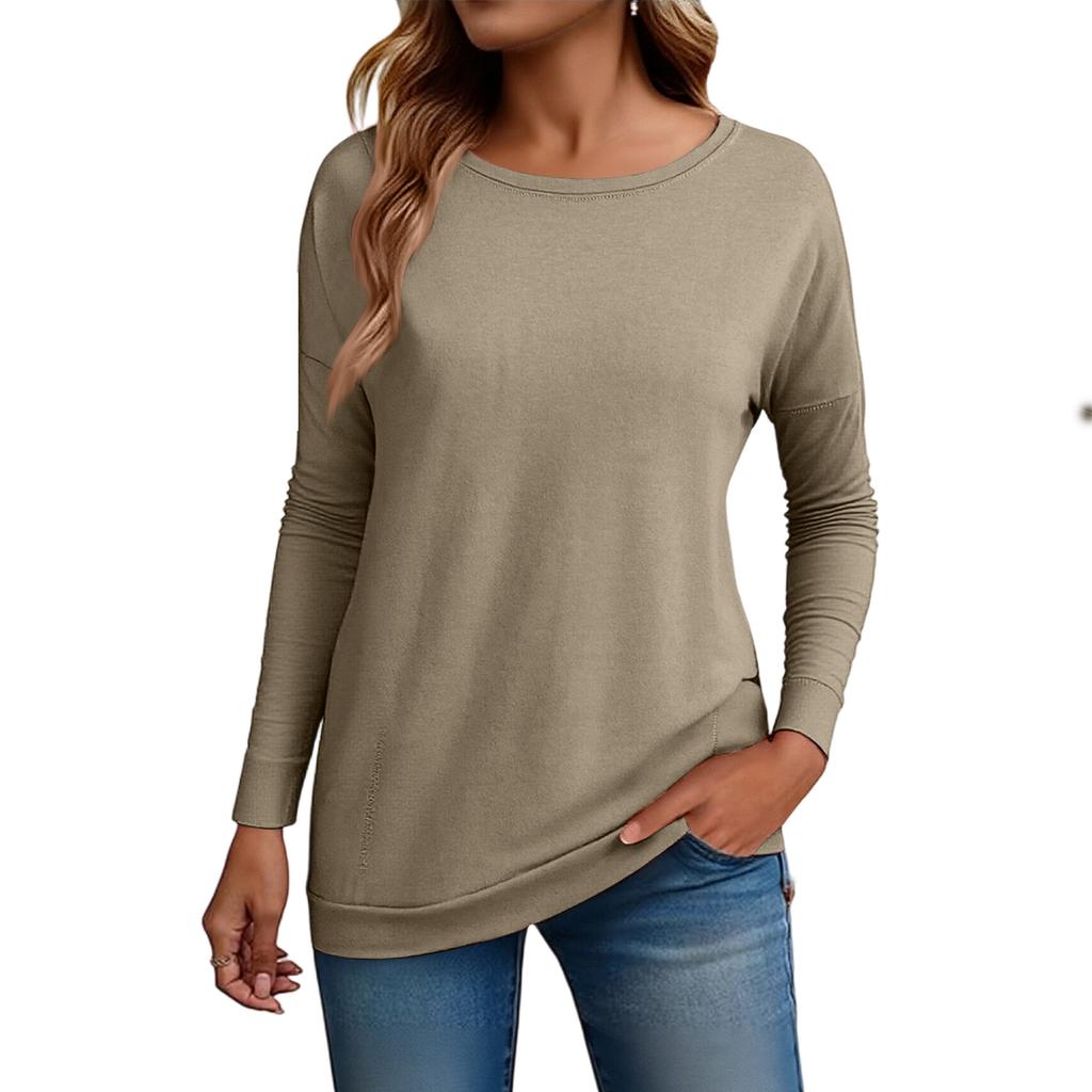 Women's Fashion Loose Round Neck Long Sleeve Solid Color T-shirt Top