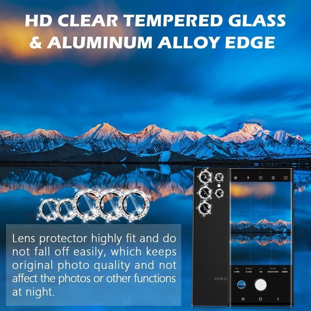 1 Set For Samsung Galaxy S24 S23 Ultra S24 S23 Plus Bling Glitter Diamond Metal Camera Lens Protector Ring with Tempered Glass