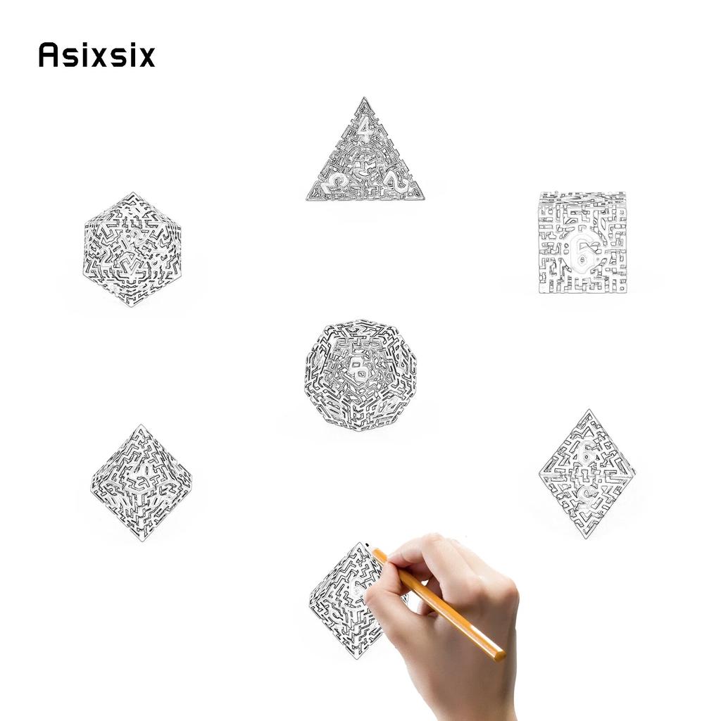 7 Pcs White Blue Metal Dice Maze Hollow Metal Polyhedral Dice Set Suitable for Role-Playing RPG Board Game Card Game