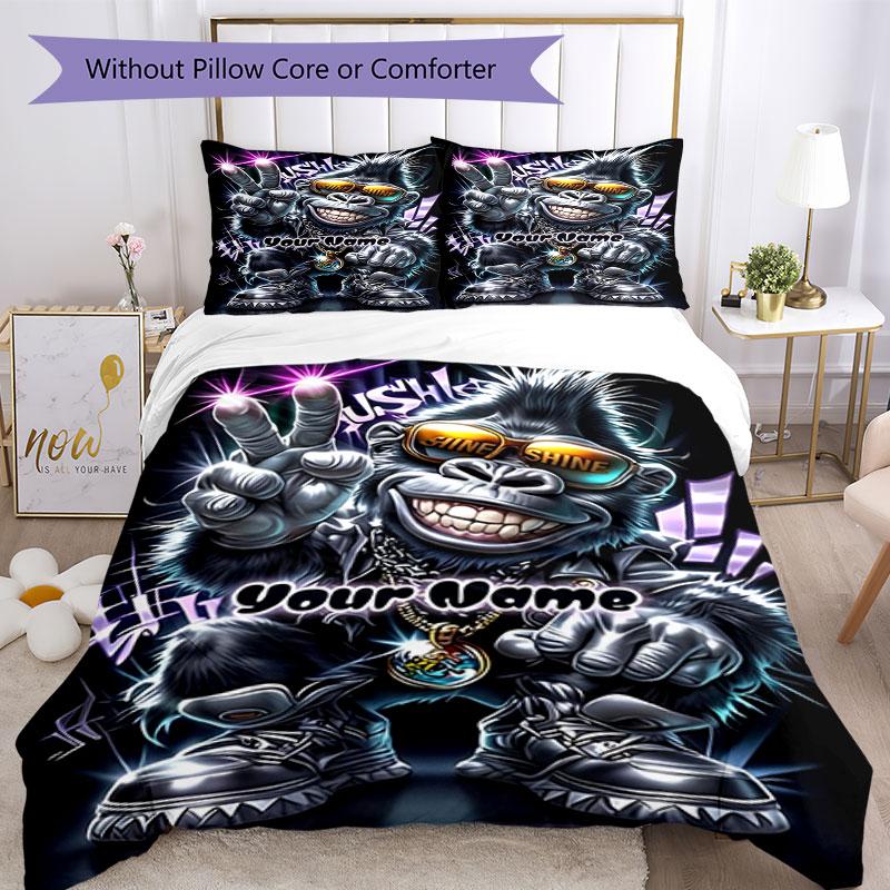 3pcs Custom Name Monkey Power Style Bedding Set Printed Bedding Set Duvet Cover Closure Includes 1 Duvet Cover & 2 Pillowcases Bedroom Decor