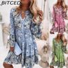 Women Fashion Bohemian Floral Print V Neck Mini Dresses Casual Loose Elegant Ladies Beach Party Flare Sleeve Dress