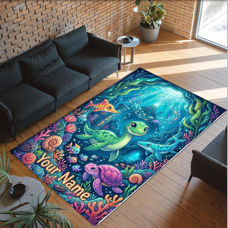 Mermaid Theme Crystal Velvet Floor Rug Personalized Custom Name Text Warm Carpet Home Decoration