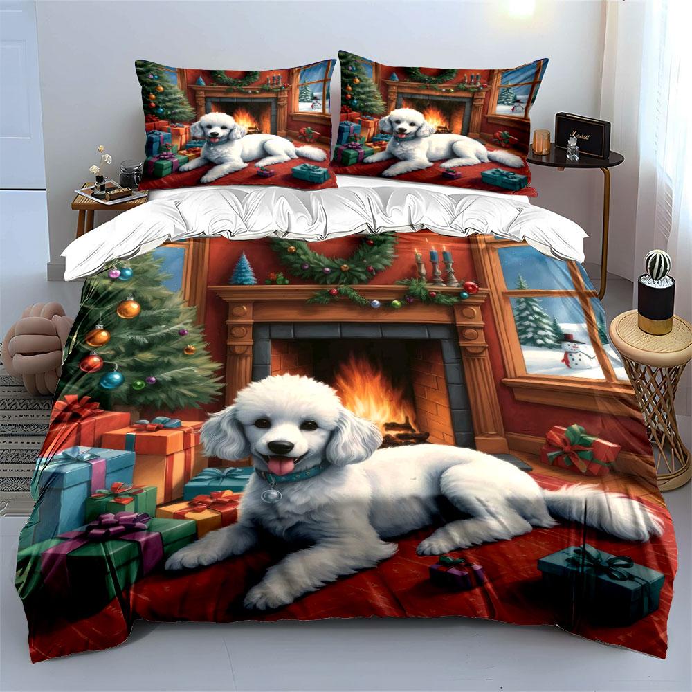 Festive Poodle and Gifts Scene Bedding Duvet Cover Set (1*Duvet Cover 2*Pillowcases, without duvet insert)