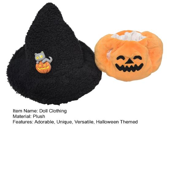 Doll Clothes Halloween Pumpkin Overalls Plush Doll Costume with Black Hat Cute Outfit for 15cm Dolls Display