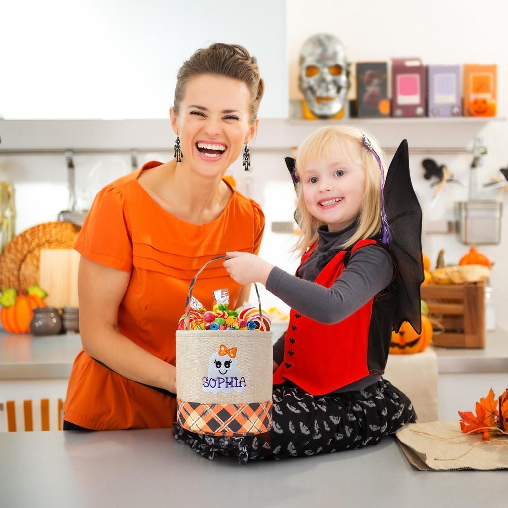 1 шт. Детская сумка для конфет на Хэллоуин, корзина для хранения, дизайн из клетчатой ткани, имитирующей лен, портативное украшение, сумка для конфет на Хэллоуин