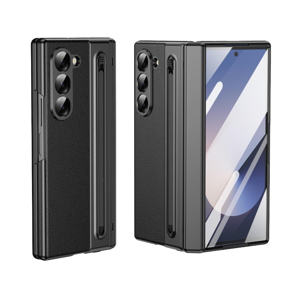Leather Glass Film Pen Slot with Pen Phone Case for Samsung Galaxy Z Fold 6 5 4 3 Fold6 Fold5 Hinge Protection Shockproof Cover