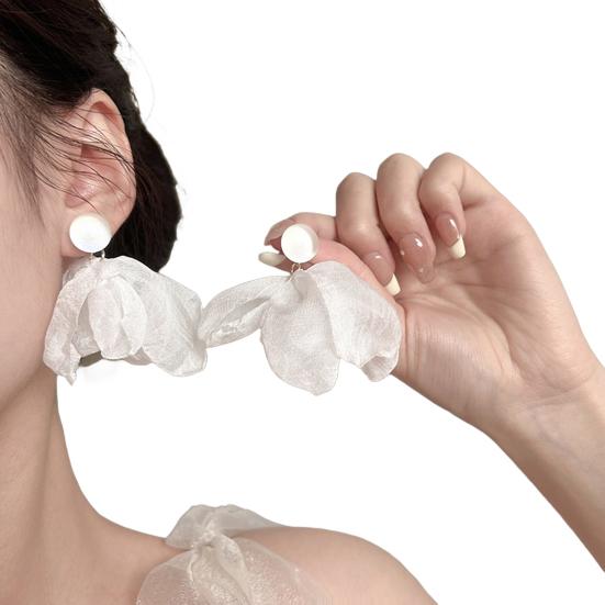 Women Mesh Petal Drop Earrings Handmade Large Chiffon Floral Dangle Earrings Vintage Stud Earrings for Vacation Wedding
