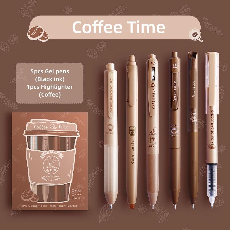 6pcs Coffee Time Gel Pens Highlighter Set 0.5mm Ballpoint Black Color Ink Marker for Writing